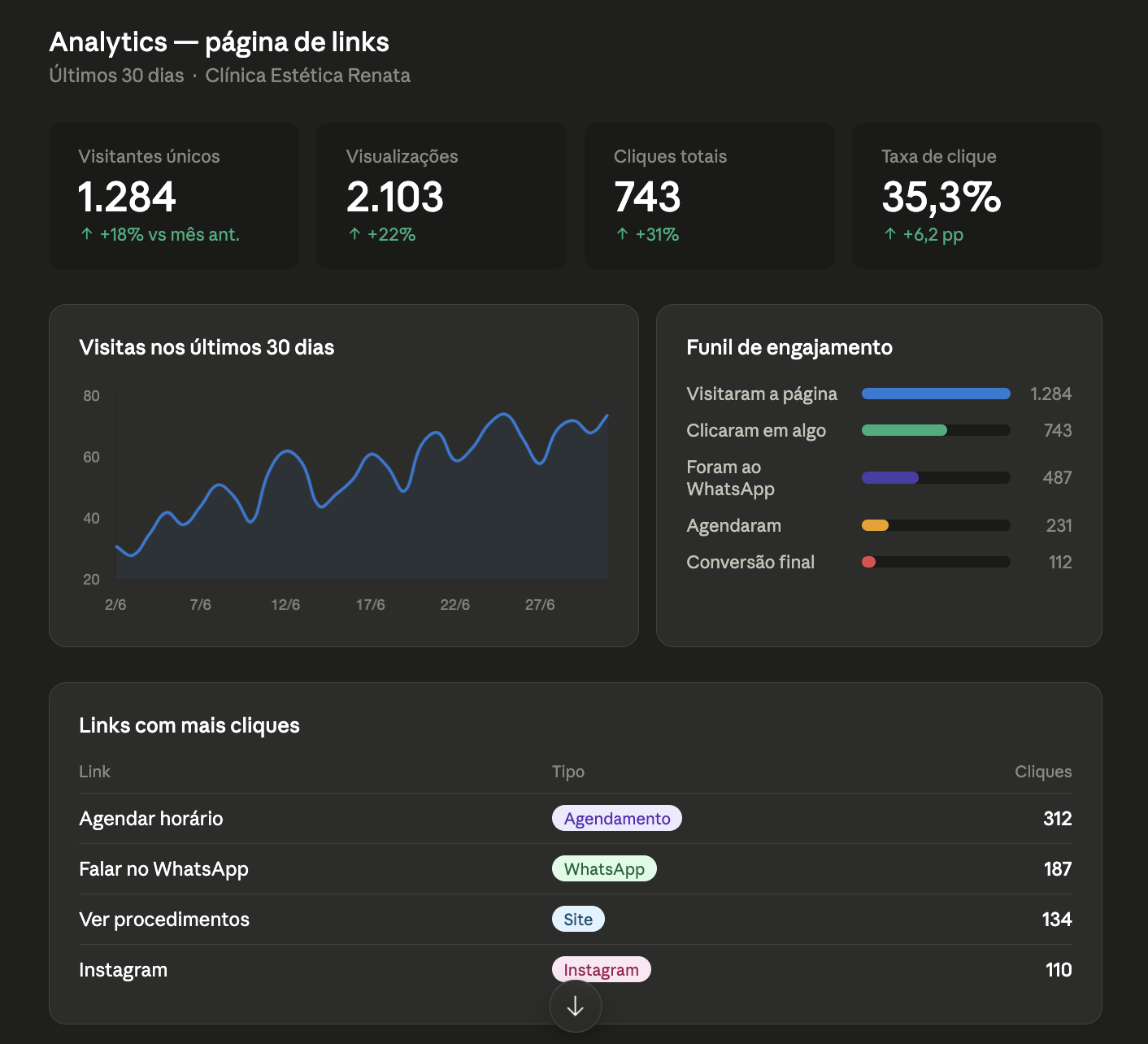 Painel de controle Inpage mostrando visitas, cliques, WhatsApp e agendamentos da clínica